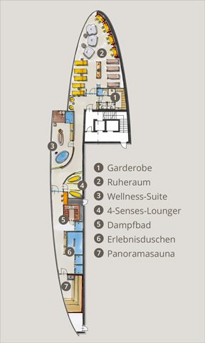 Plan Wellness-Bereich mit Umziehraum, Sauna, Dampfbad, Erlebnisduschen, Ruheraum und Wellness-Suite
